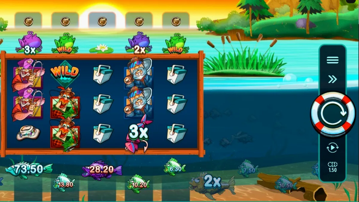 Tampilan visual slot All About the Bass 2: Froggy Style dengan tema rawa dan karakter pemancing.